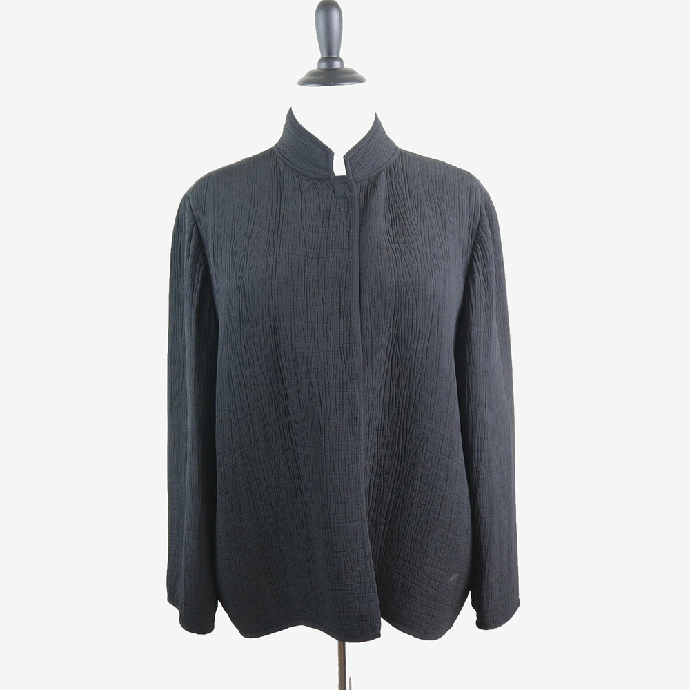 Eileen Fisher Size L Silk Crinkle Sponge Jacket Mandarin Collar Black - Picture 2 of 10